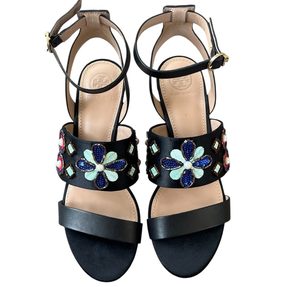 Tory Burch Estella Embellished Wedge Sandals Sequins & Embroidery Size 7M - Picture 2 of 12